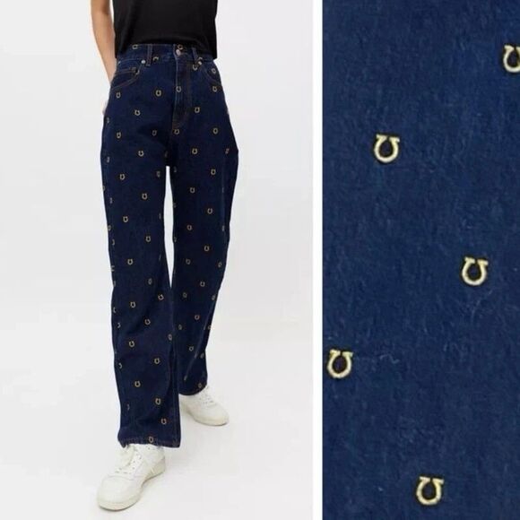 BDG Urban Outfitters Cowboy Jean Dark Wash Mid Rise Gold  Horseshoe Size 24 Y2K - Picture 1 of 10